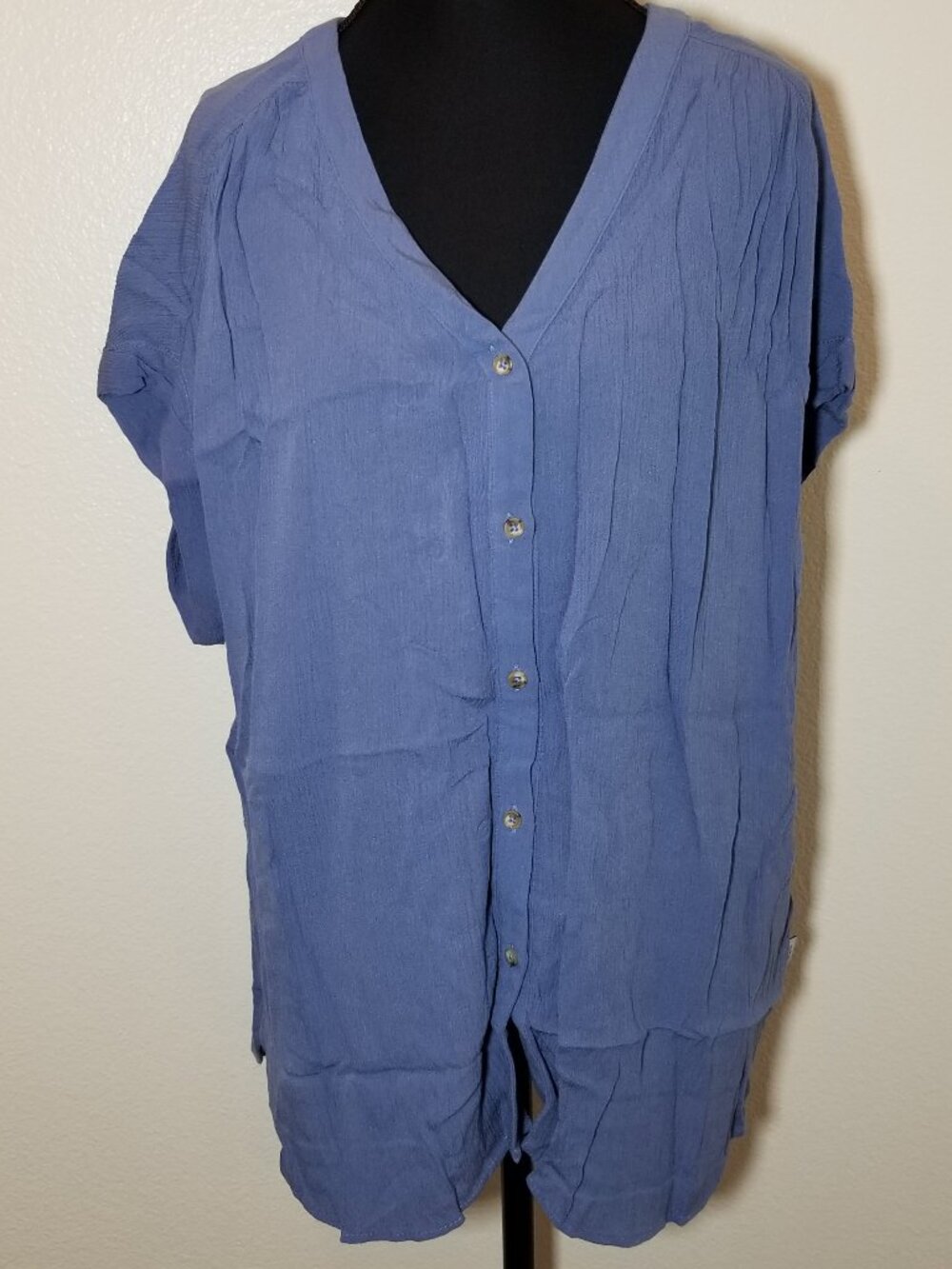 Orvis Women Large Cap Sleeve V-Neck Button Up Blouse Blue Retro Outdoor Casual